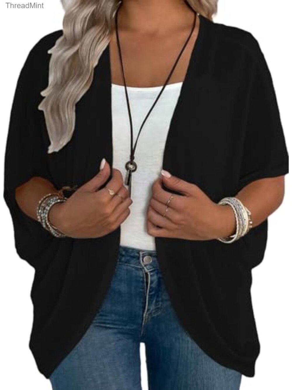 Plus Size Lightweight Half Sleeve Open Front Kimono Cardigan Swim Cover-Up